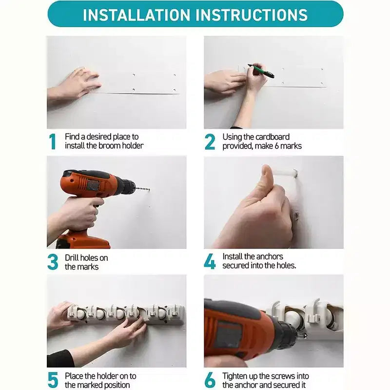 Porta-scope e Mop da Muro Nero / Bianco sporco – Per Casa 1 o 2 Persone, 5 Scomparti e 6 Ganci