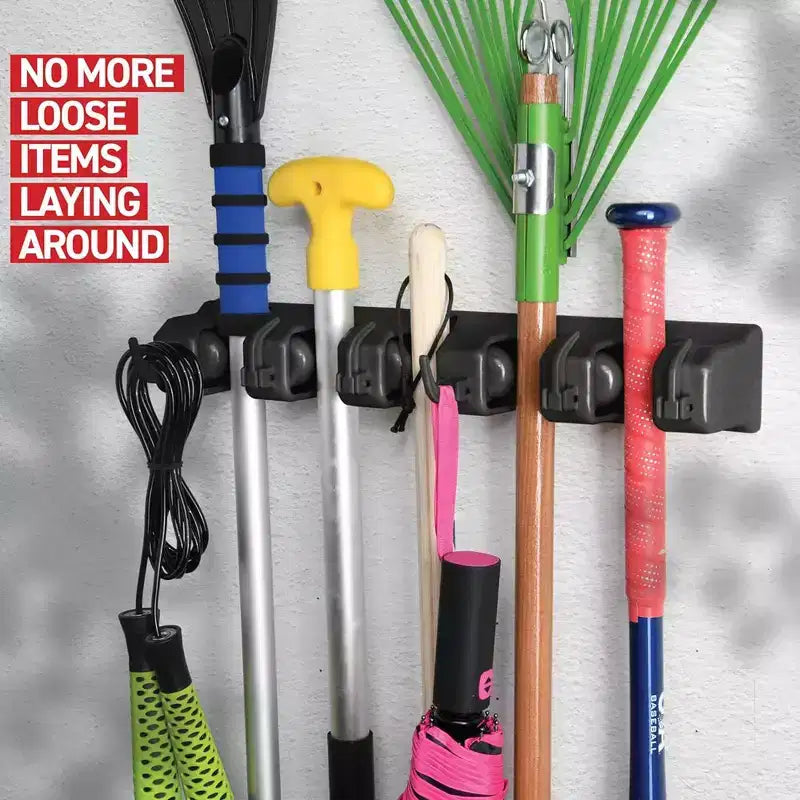 Porta-scope e Mop da Muro Nero / Bianco sporco – Per Casa 1 o 2 Persone, 5 Scomparti e 6 Ganci