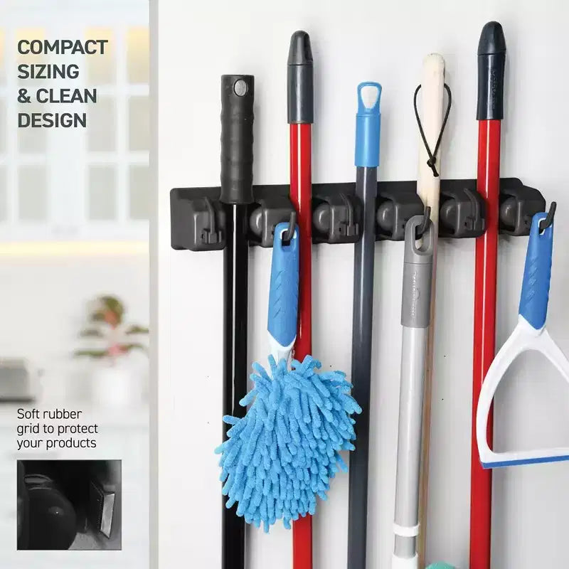 Porta-scope e Mop da Muro Nero / Bianco sporco – Per Casa 1 o 2 Persone, 5 Scomparti e 6 Ganci