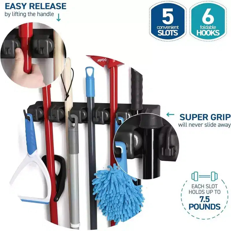 Porta-scope e Mop da Muro Nero / Bianco sporco – Per Casa 1 o 2 Persone, 5 Scomparti e 6 Ganci