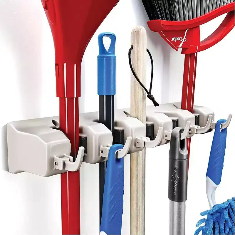 Porta-scope e Mop da Muro Nero / Bianco sporco – Per Casa 1 o 2 Persone, 5 Scomparti e 6 Ganci