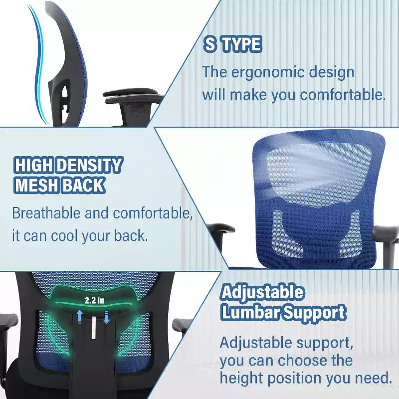 Sedia da ufficio ergonomica in rete Nera/Blu/Grigia/Rossa/Bianca con supporto lombare e massaggio, utente singolo, capacità 181 kg