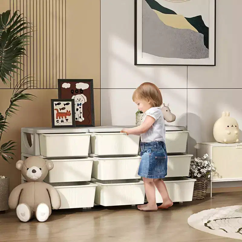 Cassettiera organizer a 3 piani color bianco crema, 9 cassetti, per bambini