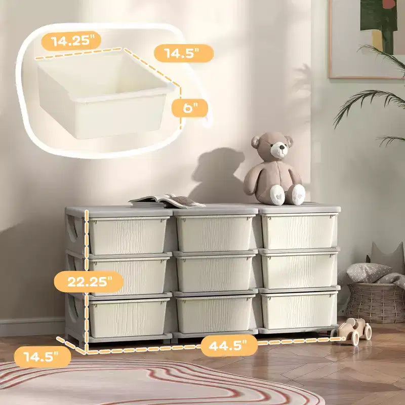 Cassettiera organizer a 3 piani color bianco crema, 9 cassetti, per bambini