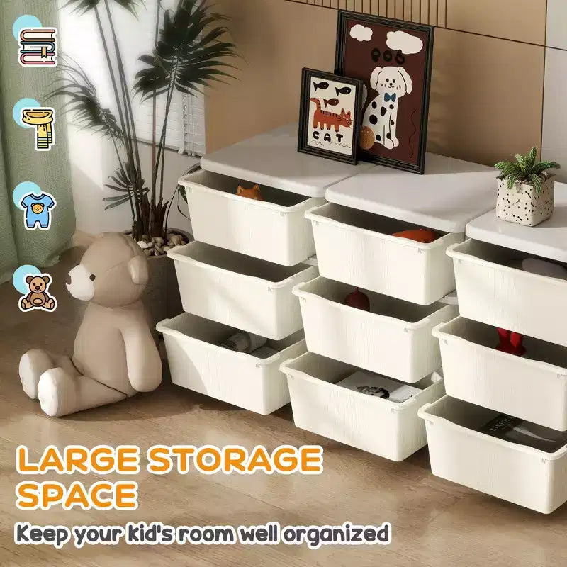 Cassettiera organizer a 3 piani color bianco crema, 9 cassetti, per bambini