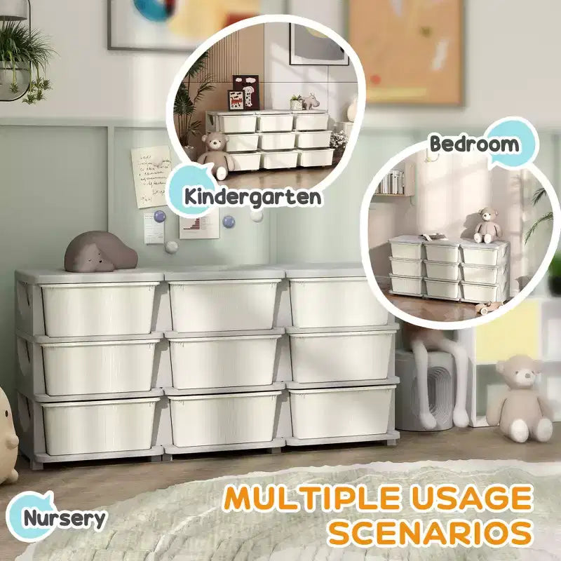 Cassettiera organizer a 3 piani color bianco crema, 9 cassetti, per bambini