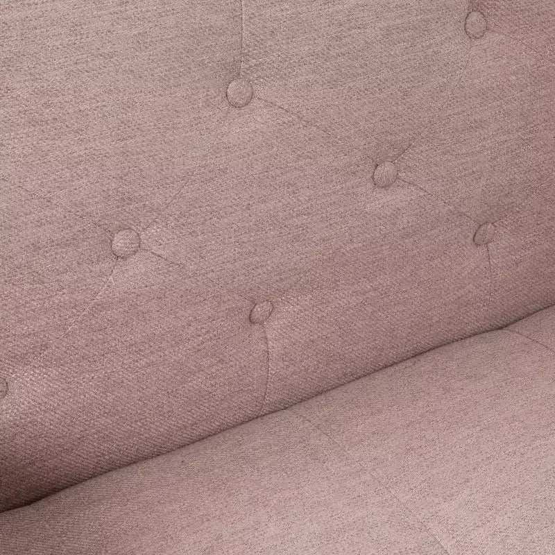 Divano a 3 posti imbottito rosa chiaro con cuscini a rullo, gambe in noce scuro