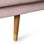 Divano a 3 posti imbottito rosa chiaro con cuscini a rullo, gambe in noce scuro