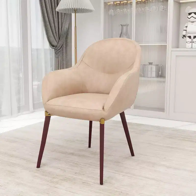 Sedia da pranzo imbottita con schienale a botte per 1 – Pelle o velluto, gambe verniciate a polvere (Beige / Marrone / Grigio / Tortora)