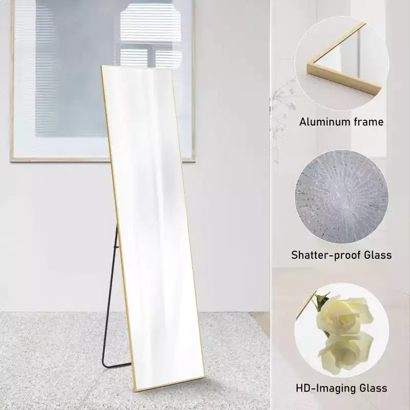 Specchio a figura intera nero/oro, cornice in metallo, montaggio a pavimento/parete, 16"x59"