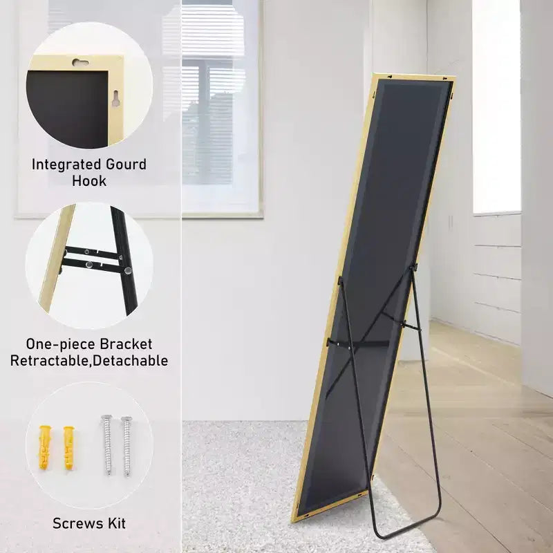 Specchio a figura intera nero/oro, cornice in metallo, montaggio a pavimento/parete, 16"x59"