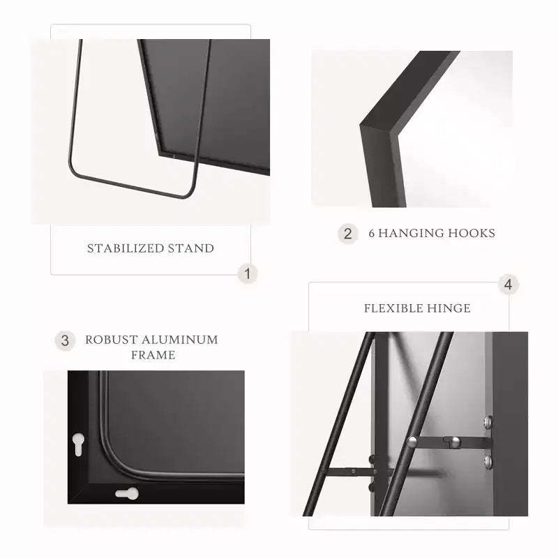Specchio a figura intera nero/oro, cornice in metallo, montaggio a pavimento/parete, 16"x59"