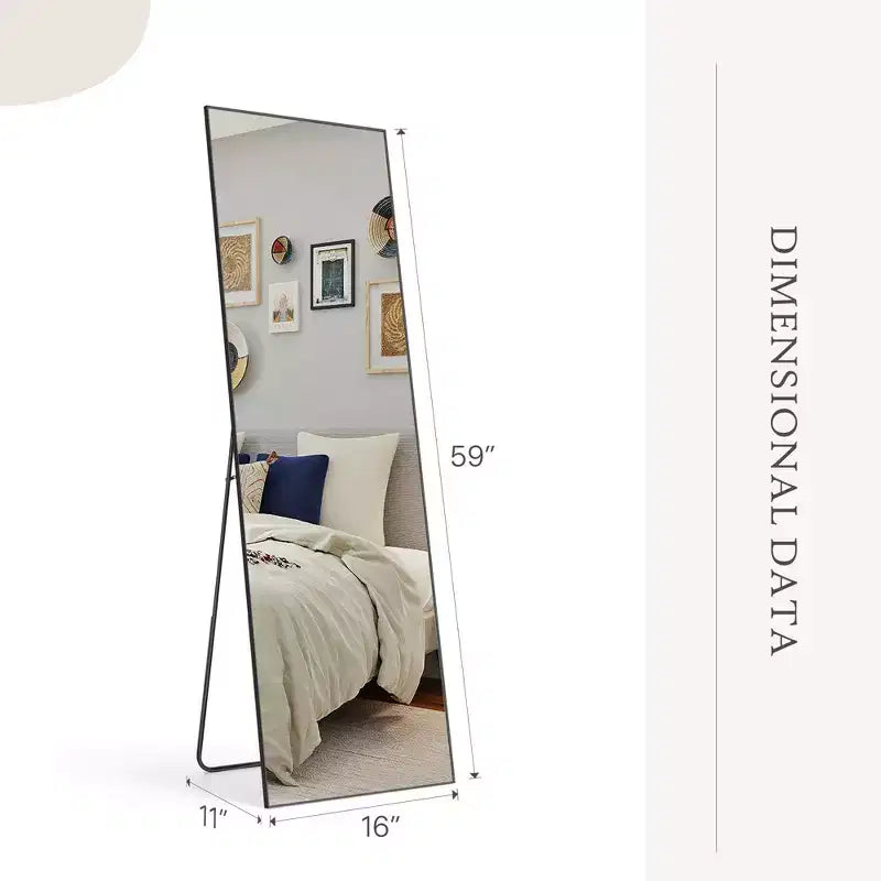 Specchio a figura intera nero/oro, cornice in metallo, montaggio a pavimento/parete, 16"x59"