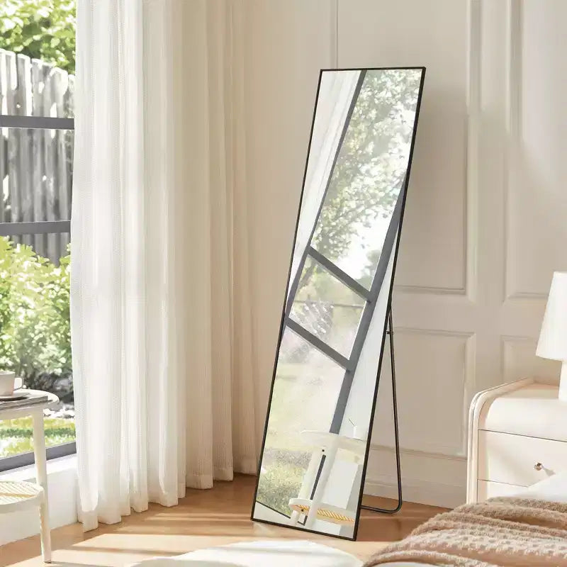 Specchio a figura intera nero/oro, cornice in metallo, montaggio a pavimento/parete, 16"x59"