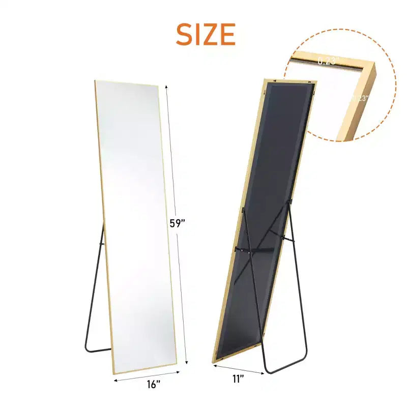 Specchio a figura intera nero/oro, cornice in metallo, montaggio a pavimento/parete, 16"x59"