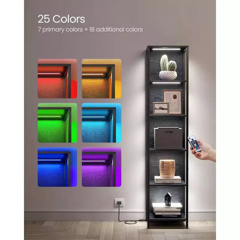 Libreria a 6 ripiani con LED, nera con venature del legno, struttura in acciaio, montaggio per 1 persona