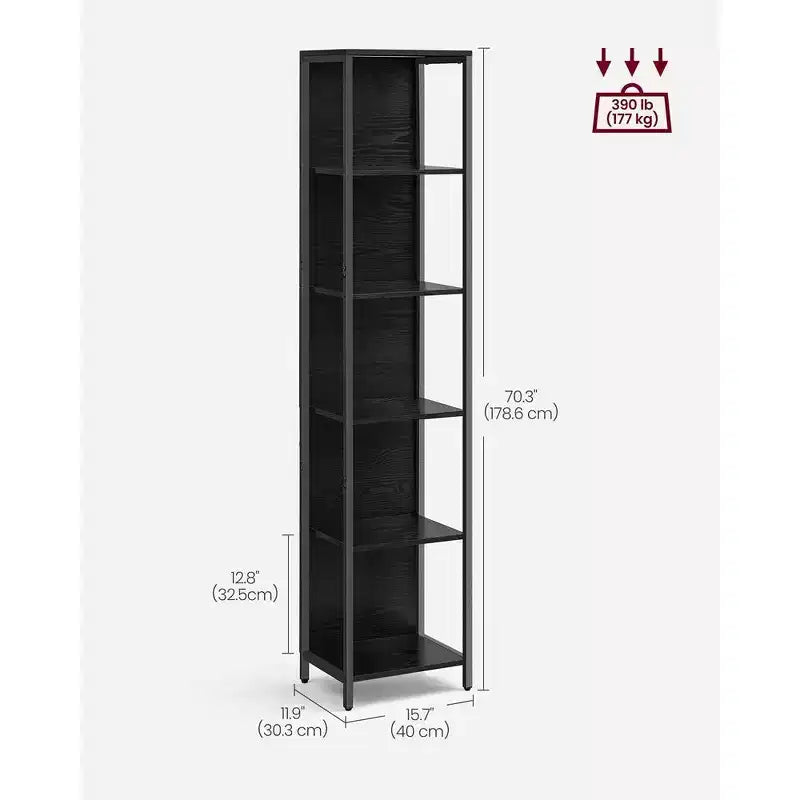 Libreria a 6 ripiani con LED, nera con venature del legno, struttura in acciaio, montaggio per 1 persona