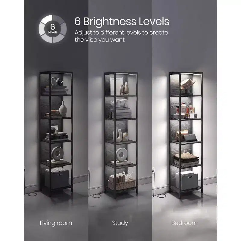 Libreria a 6 ripiani con LED, nera con venature del legno, struttura in acciaio, montaggio per 1 persona