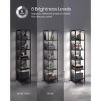 Libreria a 6 ripiani con LED, nera con venature del legno, struttura in acciaio, montaggio per 1 persona