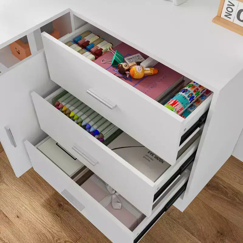 Scrivania angolare a L elettrica regolabile in altezza, colore bianco, con cassettiera integrata, postazione singola