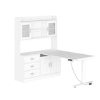 Scrivania angolare a L elettrica regolabile in altezza, colore bianco, con cassettiera integrata, postazione singola