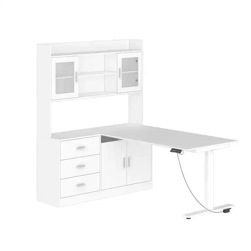 Scrivania angolare a L elettrica regolabile in altezza, colore bianco, con cassettiera integrata, postazione singola