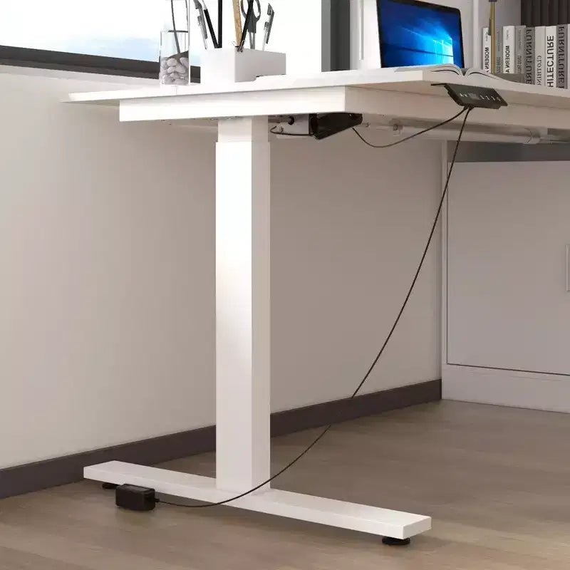 Scrivania angolare a L elettrica regolabile in altezza, colore bianco, con cassettiera integrata, postazione singola