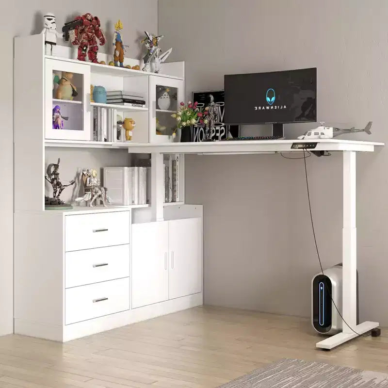Scrivania angolare a L elettrica regolabile in altezza, colore bianco, con cassettiera integrata, postazione singola