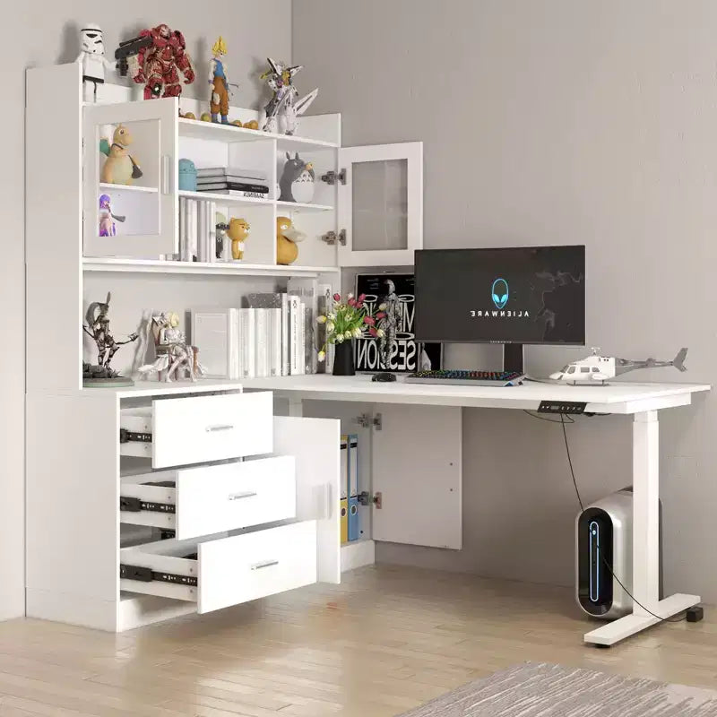 Scrivania angolare a L elettrica regolabile in altezza, colore bianco, con cassettiera integrata, postazione singola