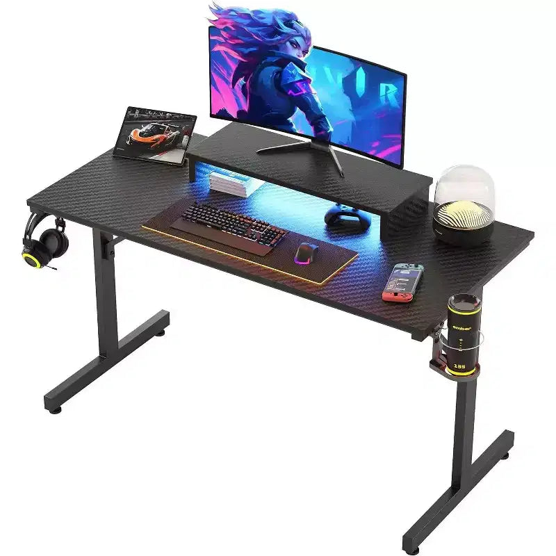 Scrivania da gaming da 42" con luci LED e supporto per monitor, Nero / Marmo Nero / Fibra di carbonio / Bianco, Singolo