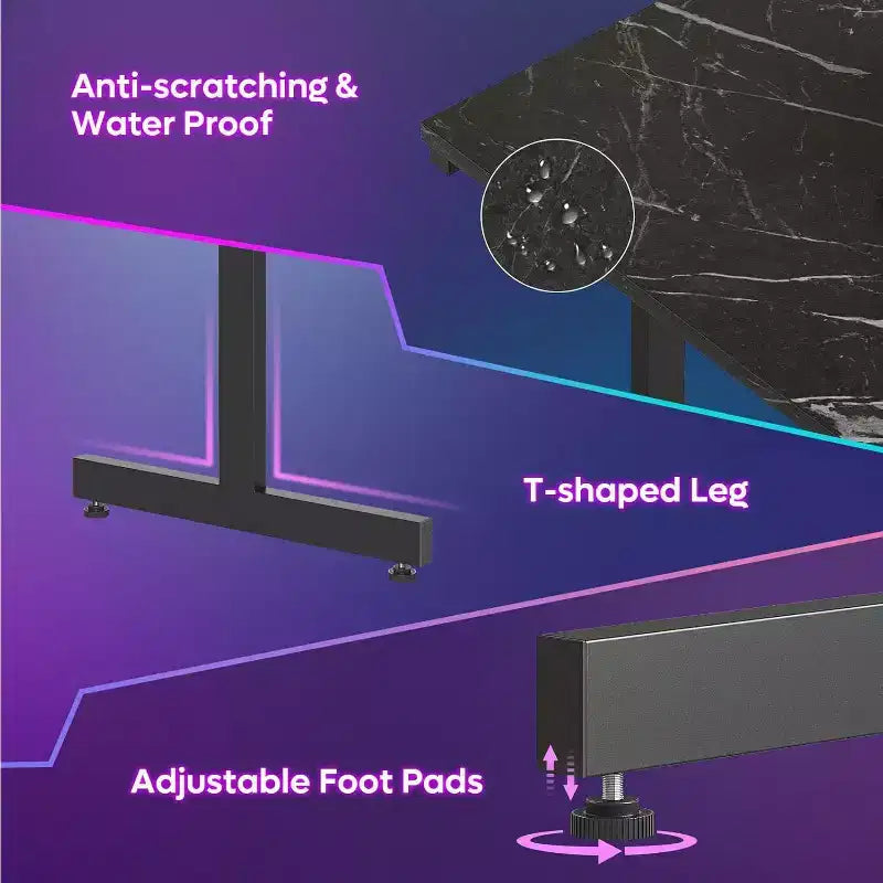 Scrivania da gaming da 42" con luci LED e supporto per monitor, Nero / Marmo Nero / Fibra di carbonio / Bianco, Singolo