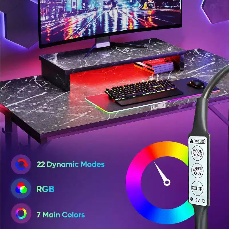Scrivania da gaming da 42" con luci LED e supporto per monitor, Nero / Marmo Nero / Fibra di carbonio / Bianco, Singolo