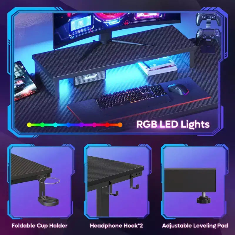 Scrivania da gaming da 42" con luci LED e supporto per monitor, Nero / Marmo Nero / Fibra di carbonio / Bianco, Singolo