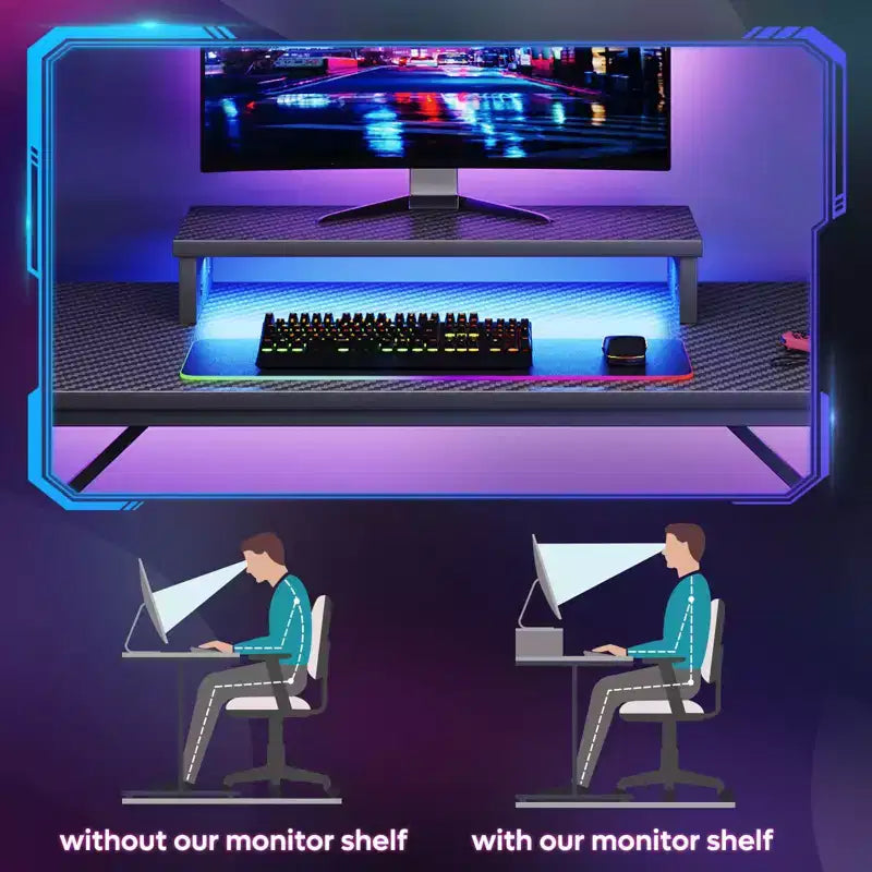 Scrivania da gaming da 42" con luci LED e supporto per monitor, Nero / Marmo Nero / Fibra di carbonio / Bianco, Singolo