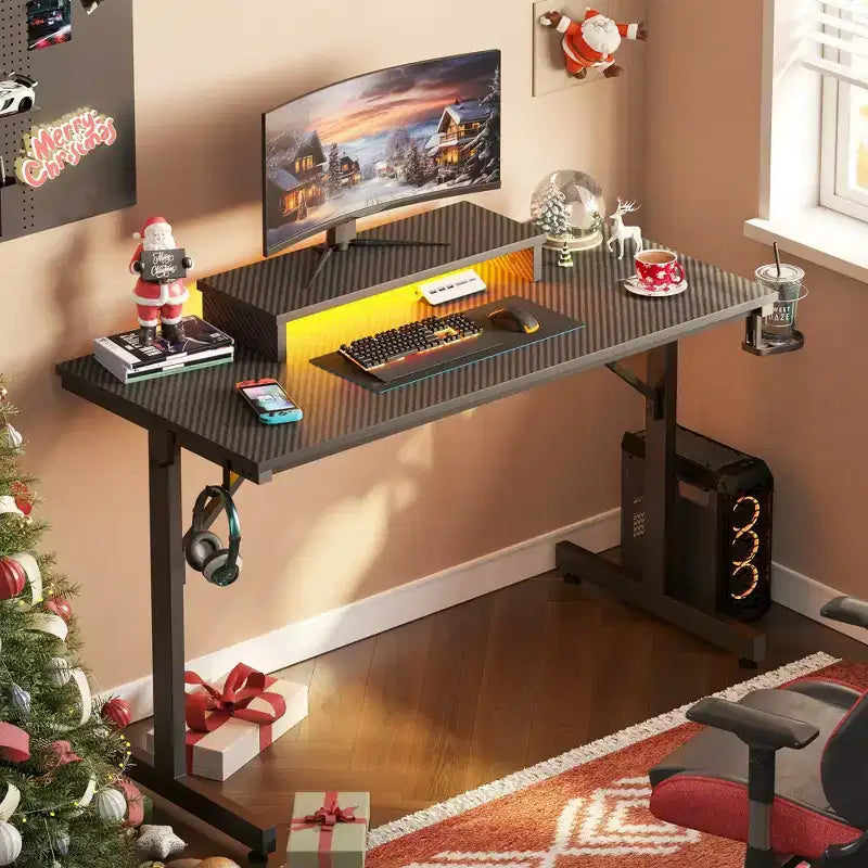 Scrivania da gaming da 42" con luci LED e supporto per monitor, Nero / Marmo Nero / Fibra di carbonio / Bianco, Singolo