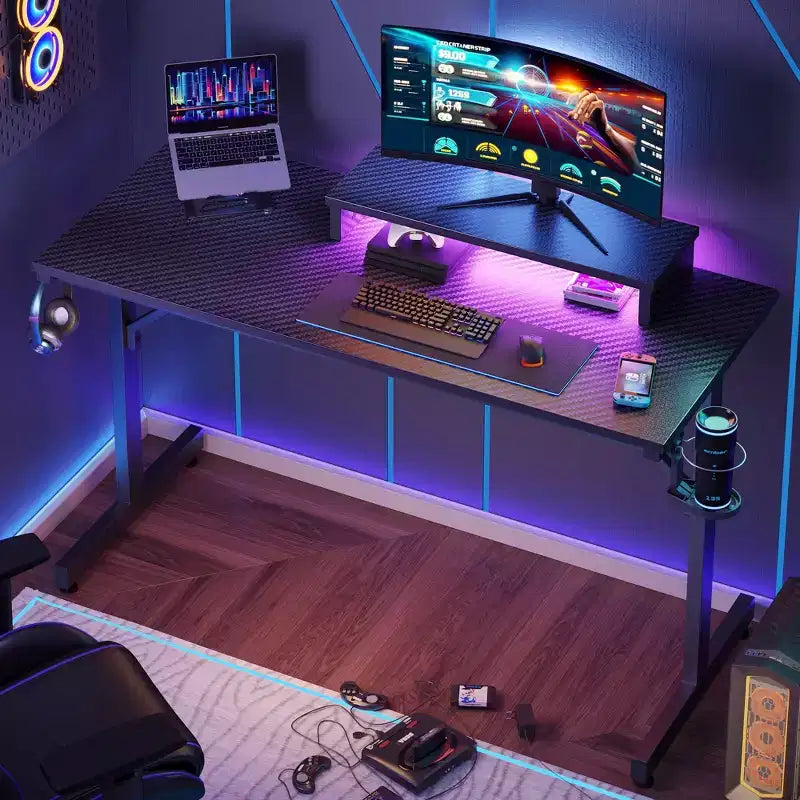 Scrivania da gaming da 42" con luci LED e supporto per monitor, Nero / Marmo Nero / Fibra di carbonio / Bianco, Singolo