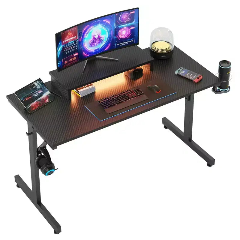 Scrivania da gaming da 42" con luci LED e supporto per monitor, Nero / Marmo Nero / Fibra di carbonio / Bianco, Singolo