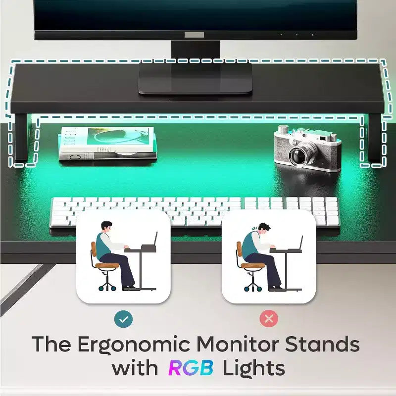 Scrivania da gaming da 42" con luci LED e supporto per monitor, Nero / Marmo Nero / Fibra di carbonio / Bianco, Singolo