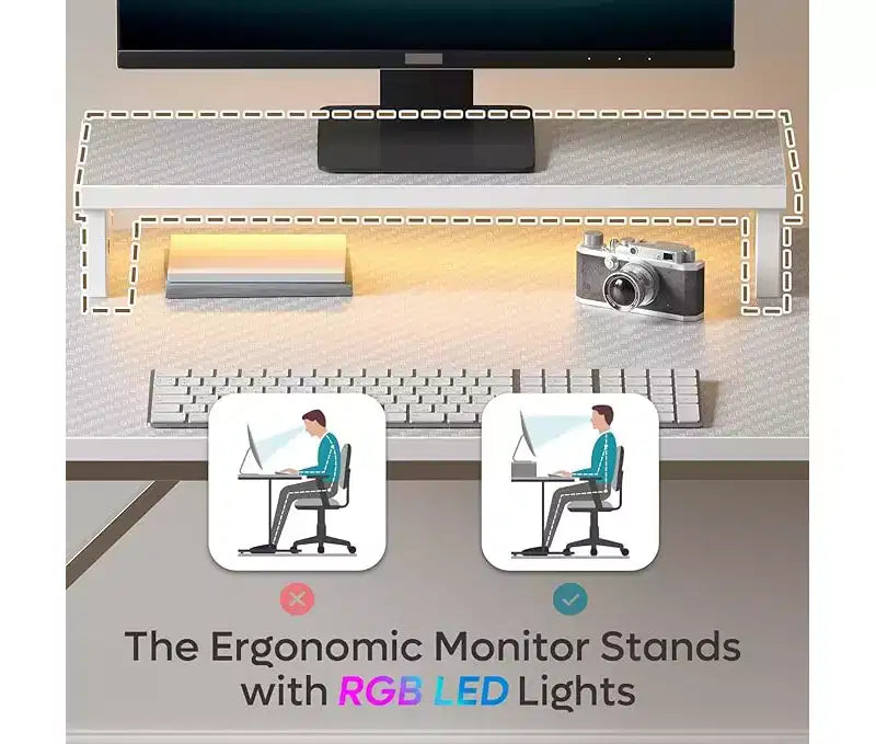 Scrivania da gaming da 42" con luci LED e supporto per monitor, Nero / Marmo Nero / Fibra di carbonio / Bianco, Singolo