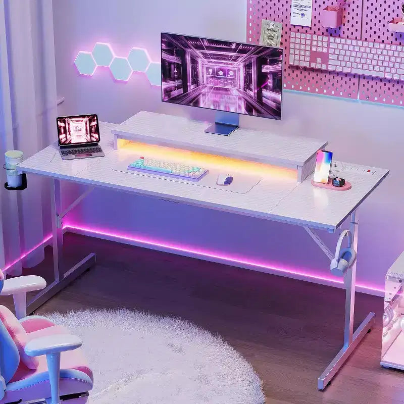 Scrivania da gaming da 42" con luci LED e supporto per monitor, Nero / Marmo Nero / Fibra di carbonio / Bianco, Singolo