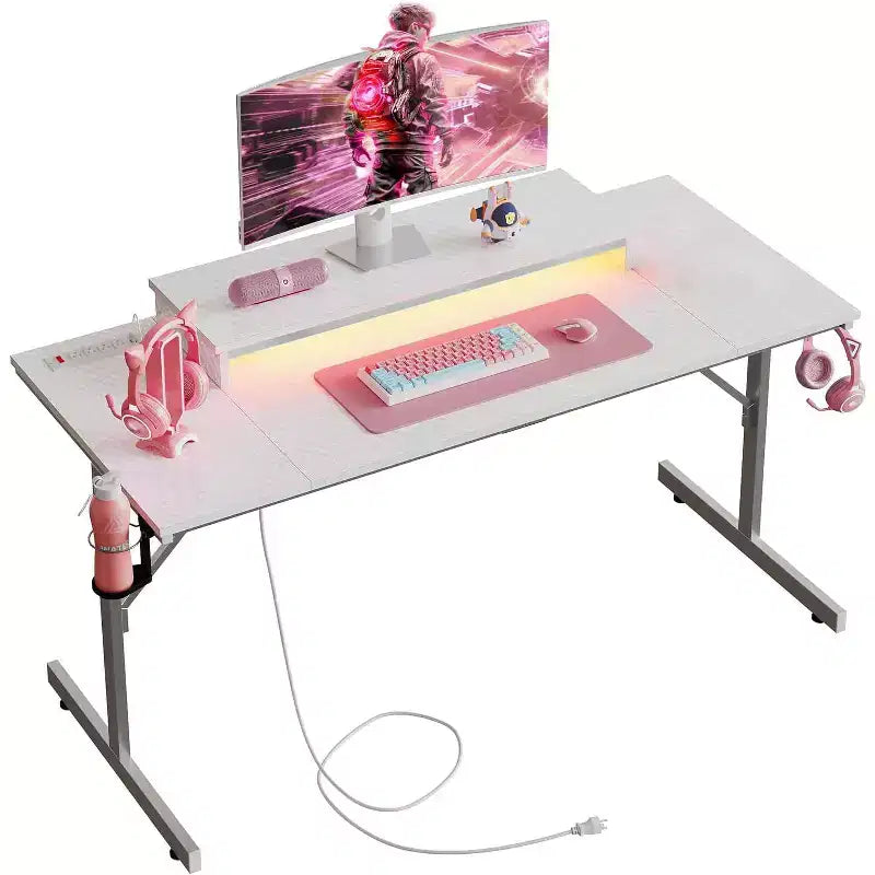 Scrivania da gaming da 42" con luci LED e supporto per monitor, Nero / Marmo Nero / Fibra di carbonio / Bianco, Singolo