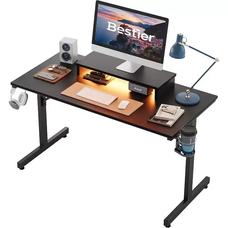 Scrivania da gaming da 42" con luci LED e supporto per monitor, Nero / Marmo Nero / Fibra di carbonio / Bianco, Singolo