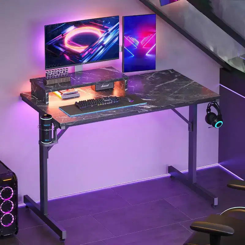 Scrivania da gaming da 42" con luci LED e supporto per monitor, Nero / Marmo Nero / Fibra di carbonio / Bianco, Singolo