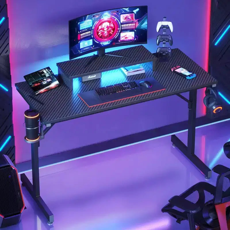 Scrivania da gaming da 42" con luci LED e supporto per monitor, Nero / Marmo Nero / Fibra di carbonio / Bianco, Singolo