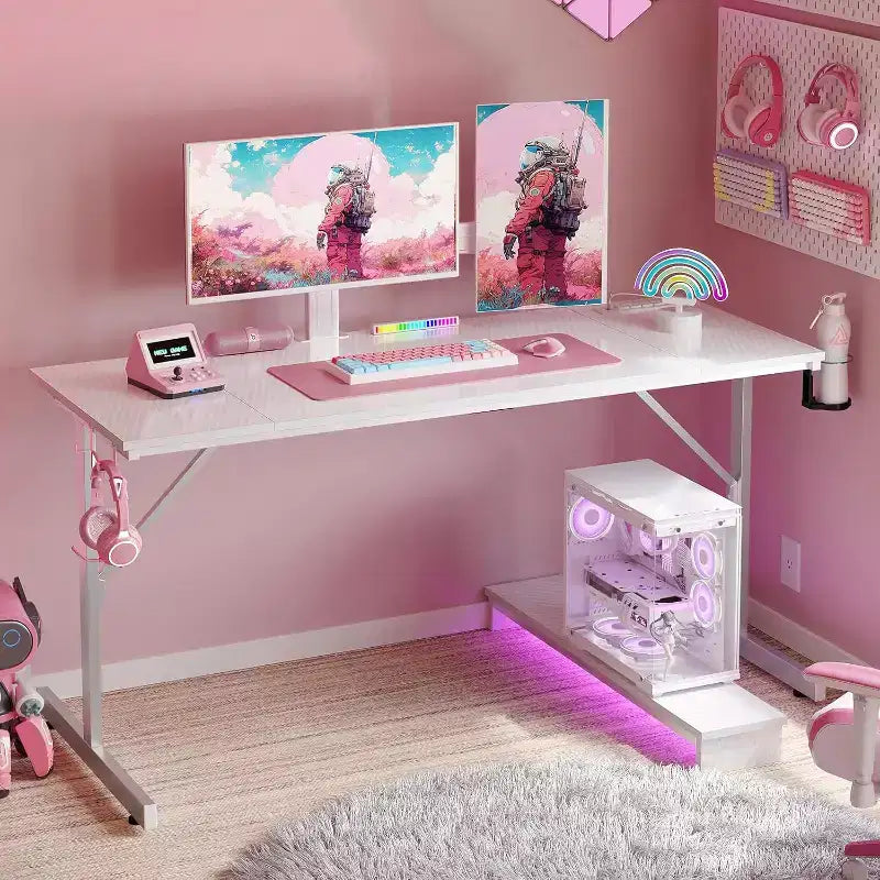 Scrivania da gaming da 42" con luci LED e supporto per monitor, Nero / Marmo Nero / Fibra di carbonio / Bianco, Singolo