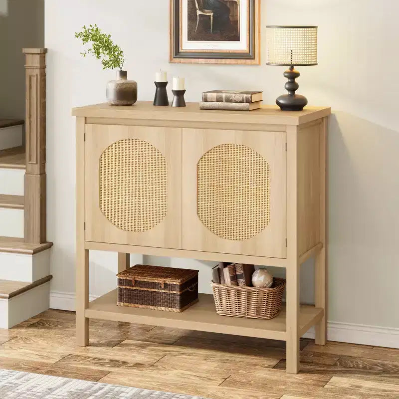 Mobile Credenza a 2 ante in Rattan Marrone Naturale, Montaggio da parte di una singola persona
