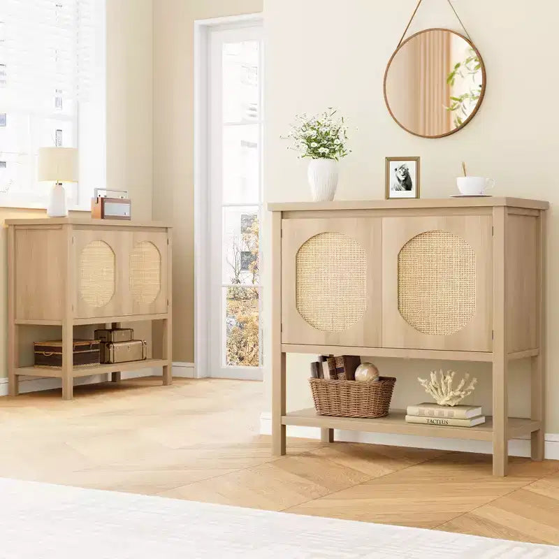 Mobile Credenza a 2 ante in Rattan Marrone Naturale, Montaggio da parte di una singola persona