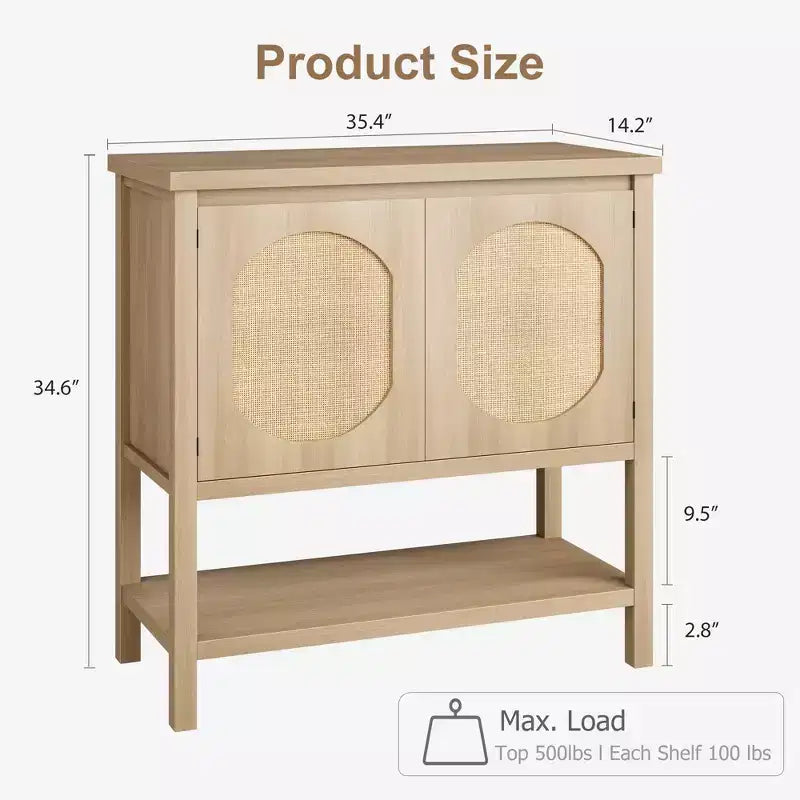 Mobile Credenza a 2 ante in Rattan Marrone Naturale, Montaggio da parte di una singola persona