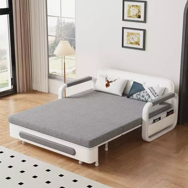Divano Letto Convertibile a 2 Posti in Lino Beige con Contenitore, 152 cm