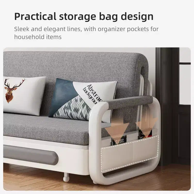 Divano Letto Convertibile a 2 Posti in Lino Beige con Contenitore, 152 cm